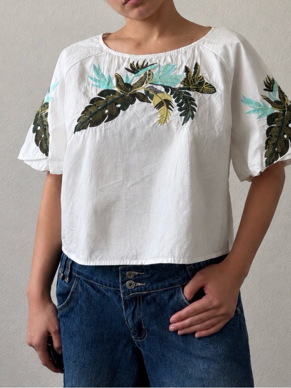 Romeo & Juliet Couture White Crop Top with Green and Aqua Leaf Embroidery